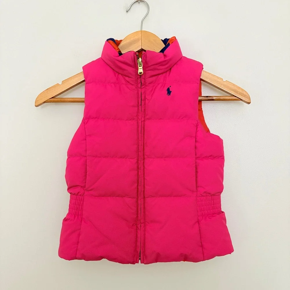 Ralph Lauren Girls Puffer Vest Reversible Size 5 Pink Orange Quilted Pony Logo